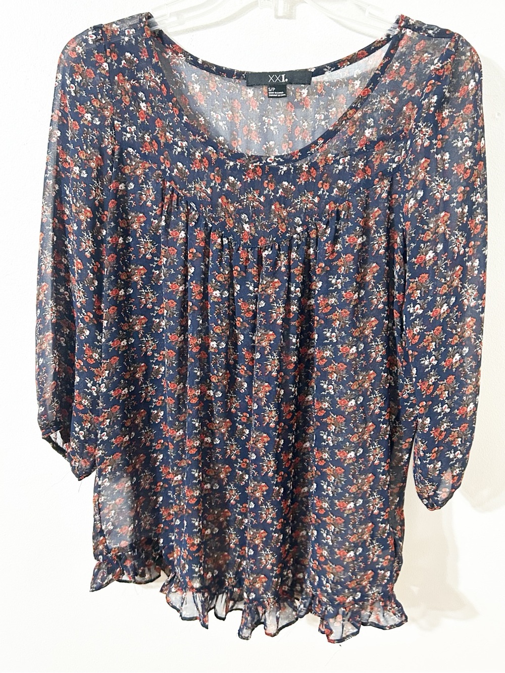Forever 21 XXI Floral Sheer Chiffon Top Small Blue Rust Orange Peasant Blouse